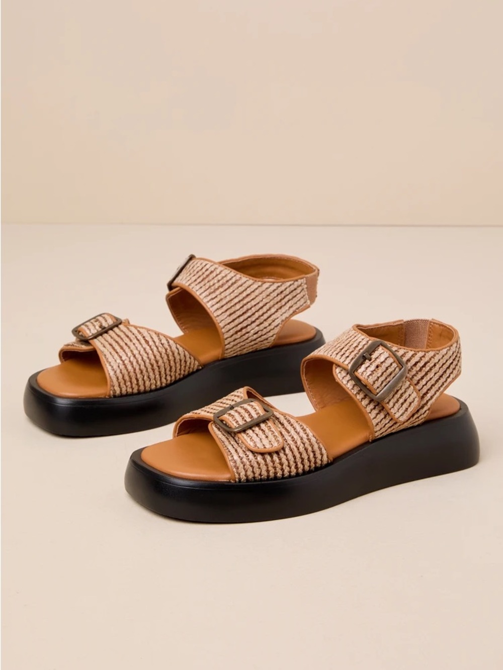 Mandi Free People Woven Buckle Slide Sandal in Tan and Black